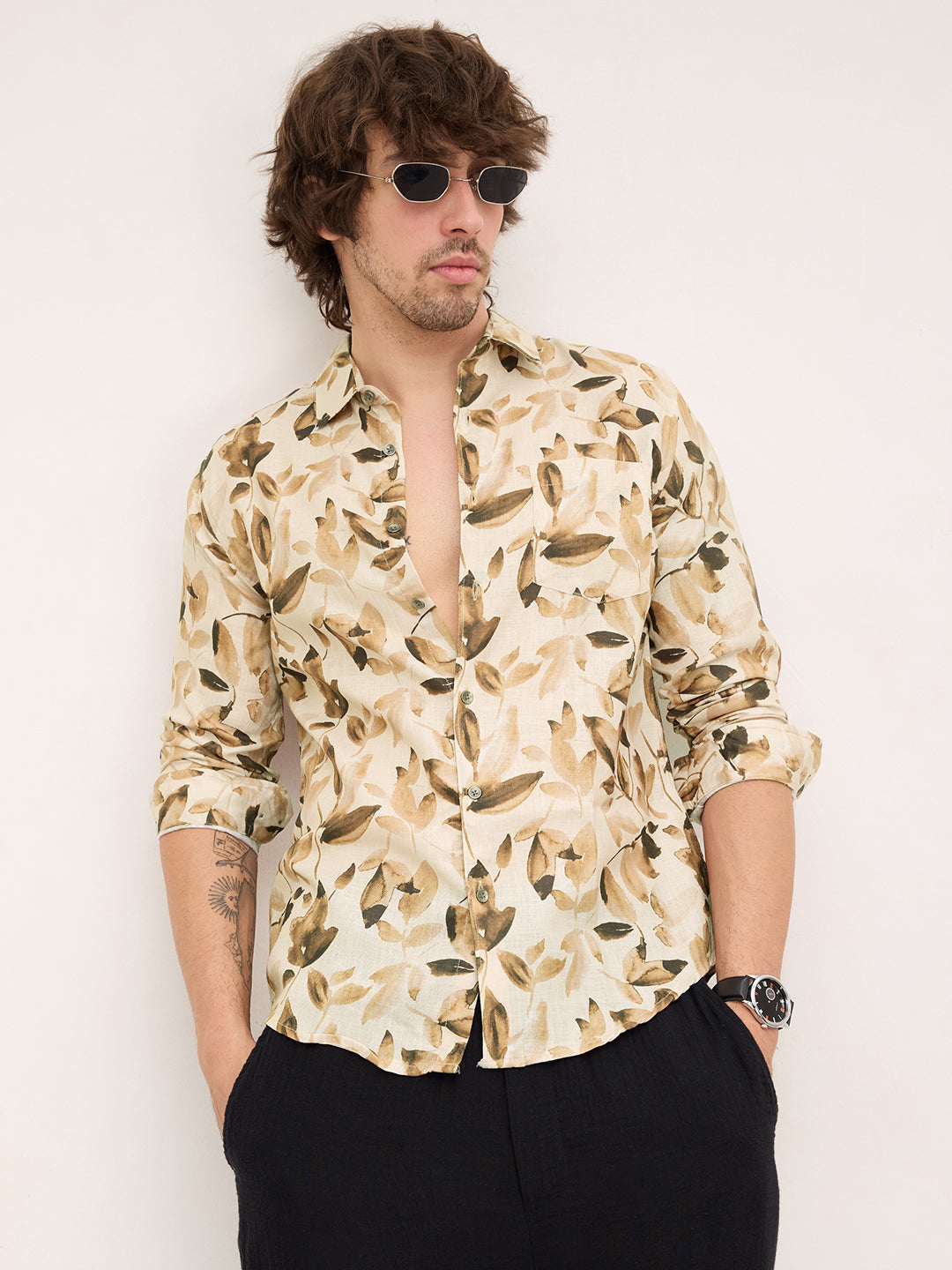 Camel Beige Artistic Floral Printed Shirt