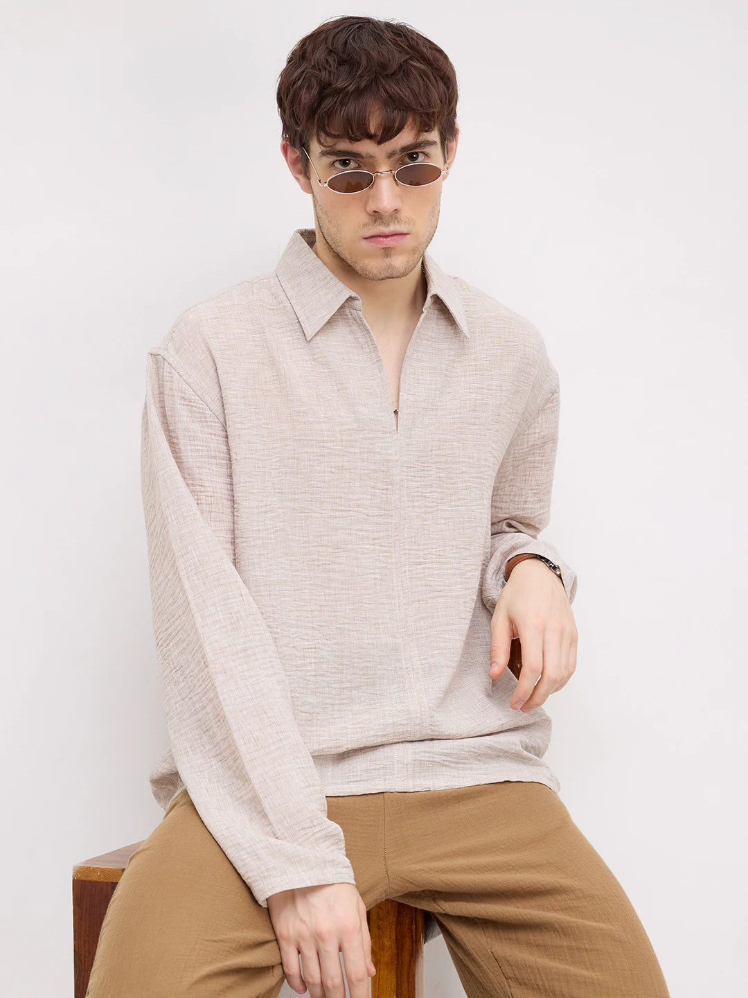 Elegant Sand Beige Textured Oversized Polo Shirt
