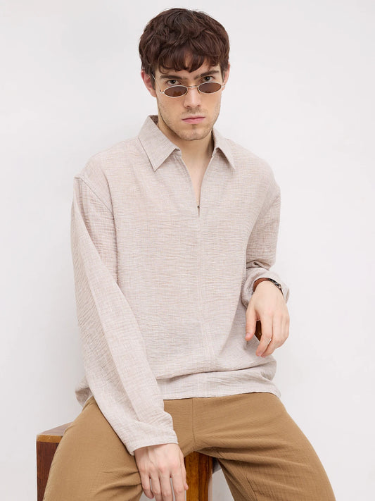Elegant Sand Beige Textured Oversized Polo Shirt