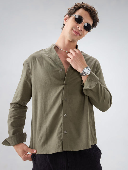 Solid Olive Stand Collar Linen Blend Oversized Shirt