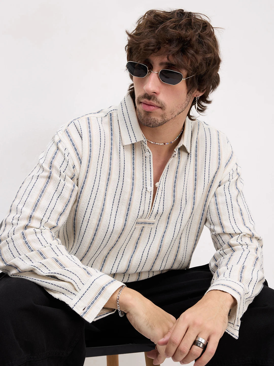 Premium Ivory Nomad Striped Threadwork Loop Button Oversized Shirt