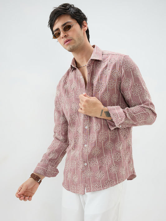 Turkish Rose Pink Floral Embroidered Slub Shirt