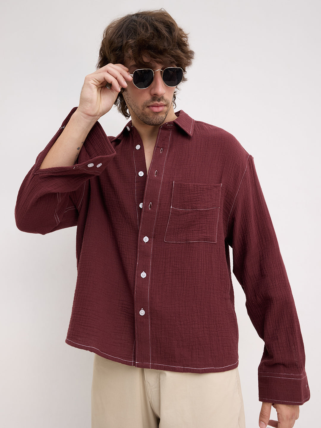 Solid Maroon Double Cloth Boxy Fit Crop Shirt