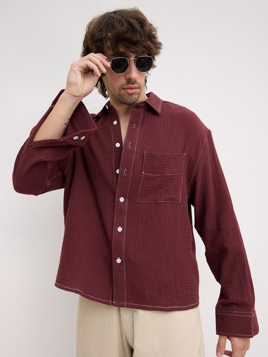 Solid Maroon Double Cloth Boxy Fit Crop Shirt