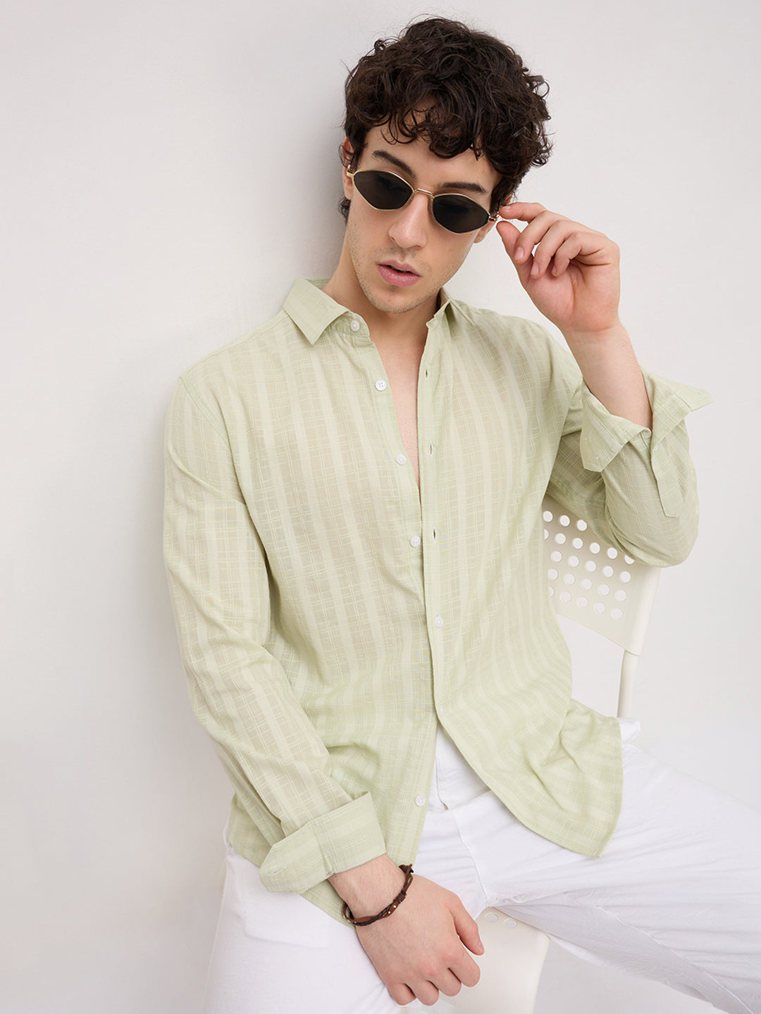 Pistachio Green Sheer Windowpane Checks Textured Weave Shirt