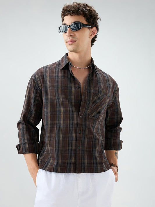 Rich Brown Multi Line Checks Boxy Fit Crop Shirt