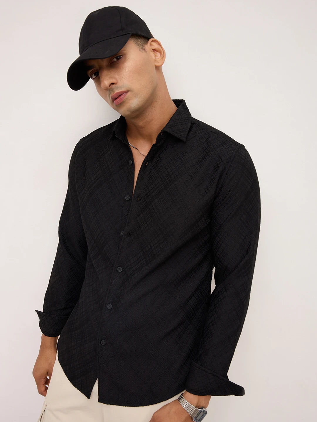 Black Diamond Lattice Weave Textured Shirt