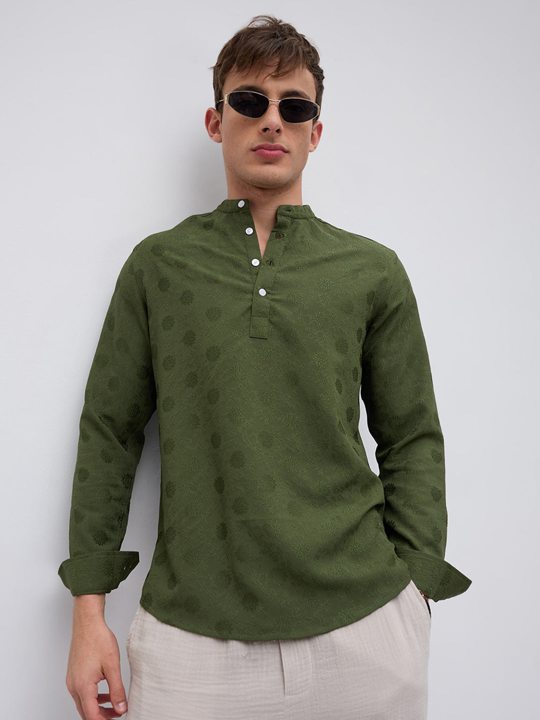 Forest Green Floral Embossed Kurta