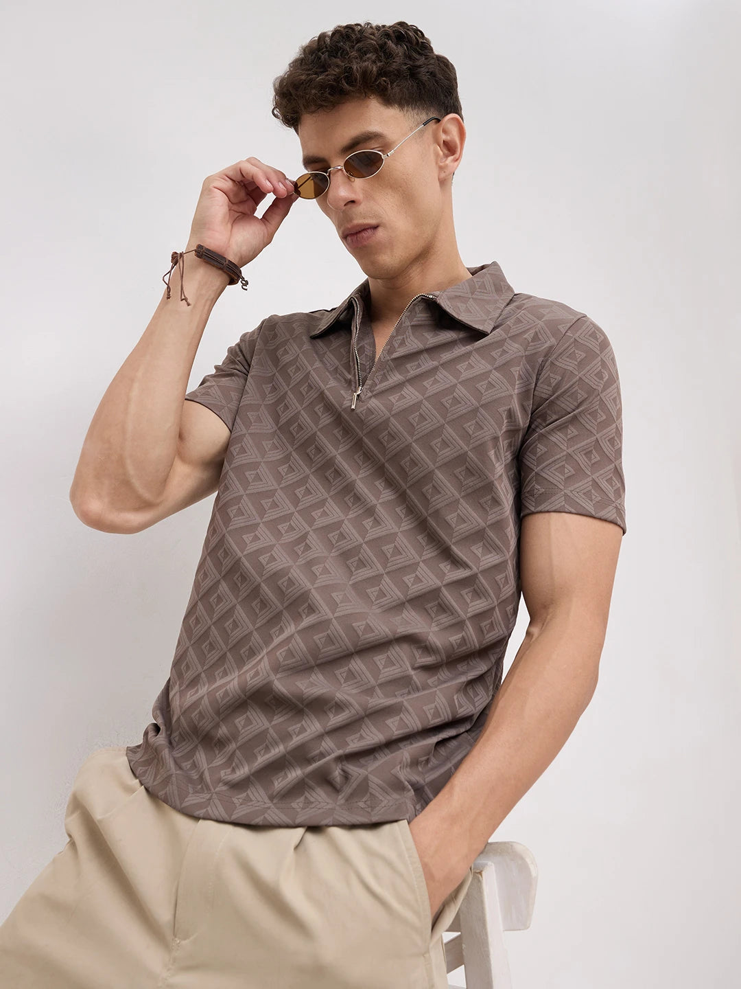 Cedar Brown Diamond Embossed Zip Polo Tee