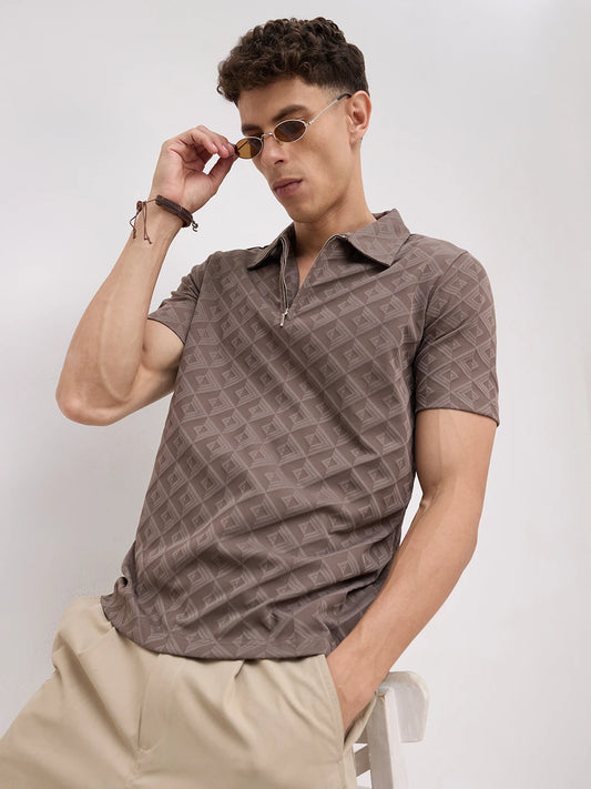 Cedar Brown Diamond Embossed Zip Polo Tee