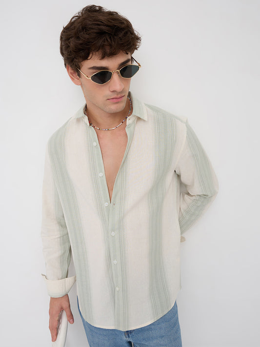 Luxe Sage Green Refined Striped Linen Blend Shirt