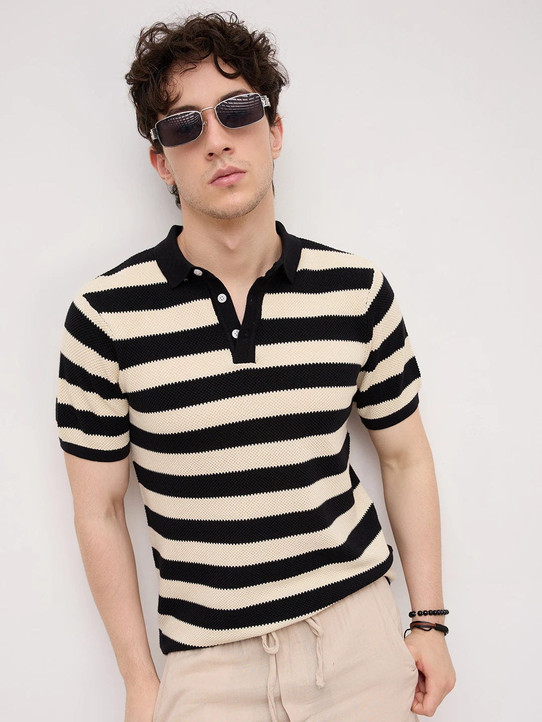 Monochrome Horizontal Striped Flat Knit Polo T-Shirt