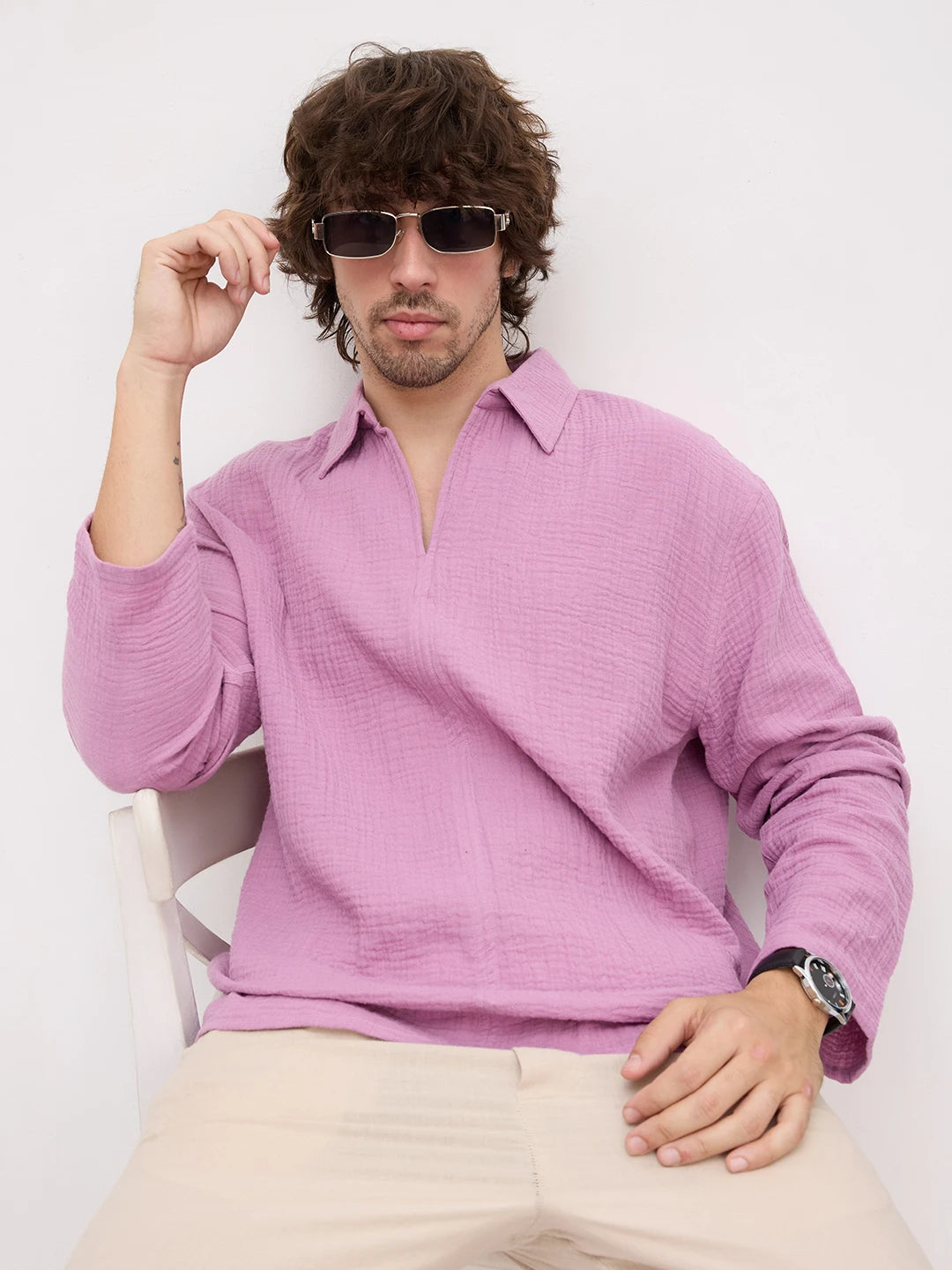 Deep Lilac Double Cloth Center Seam Oversized Polo Shirt