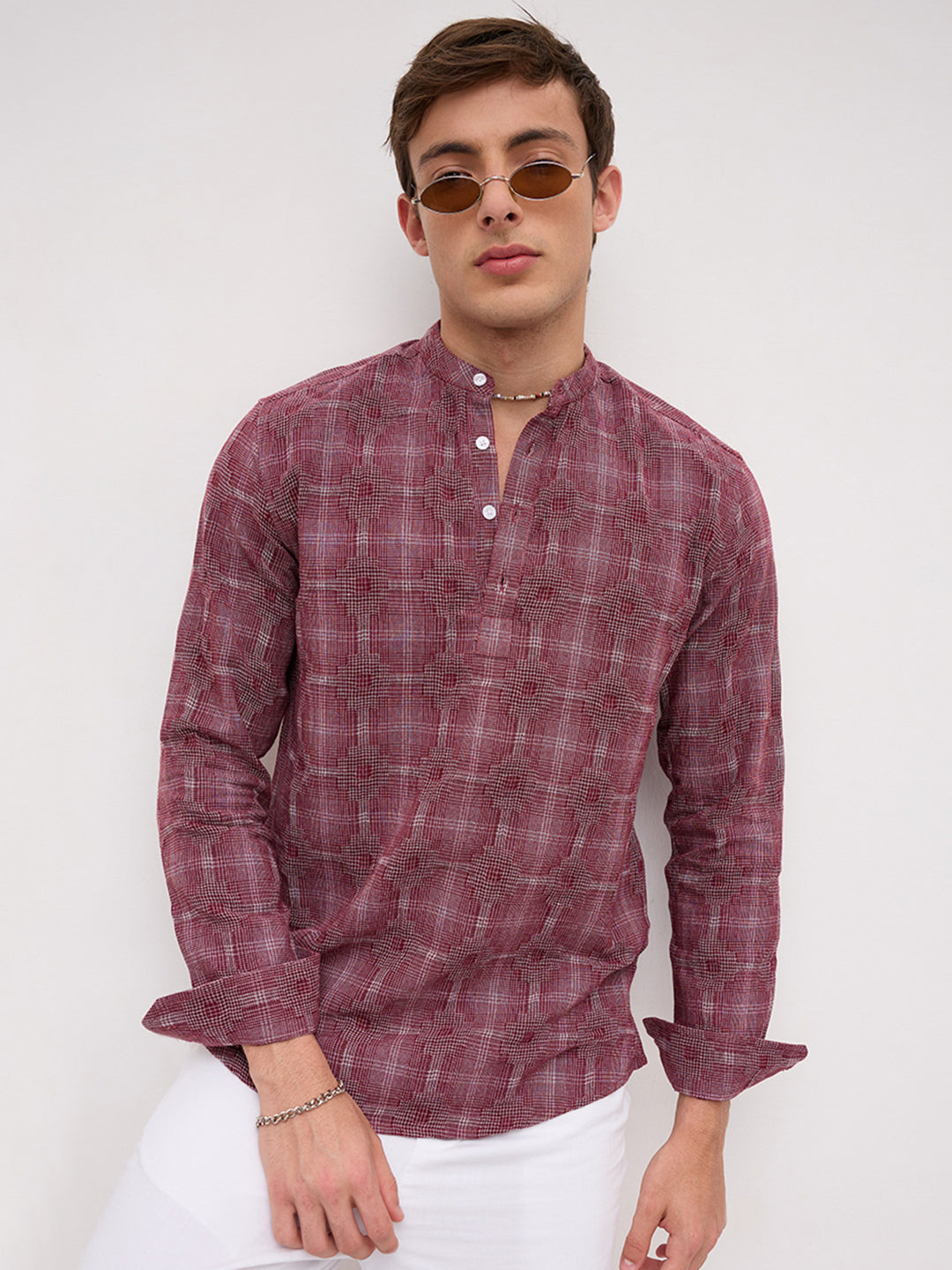 Maroon Glitch Micro Check Textured Matrix Everyday Kurta