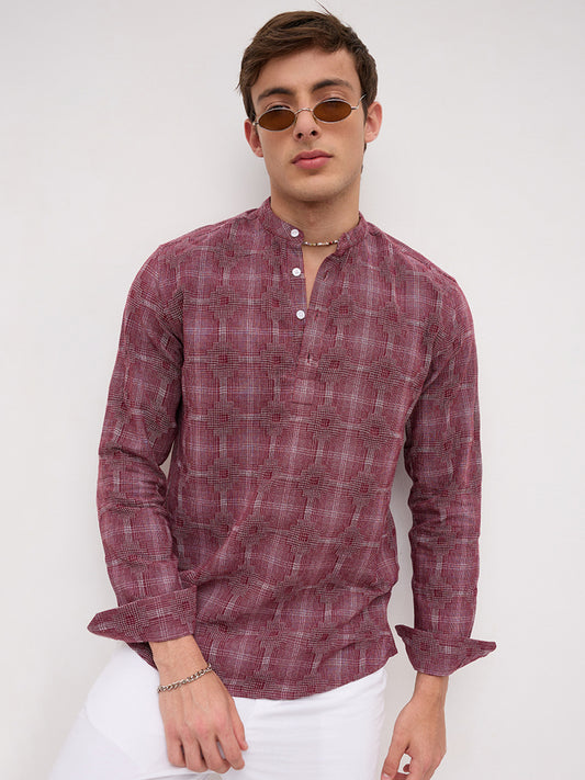 Maroon Glitch Micro Check Textured Matrix Everyday Kurta