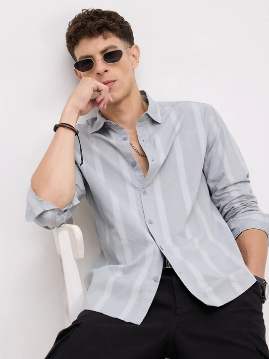 Bluish Grey Textured Striped Weave Shirt