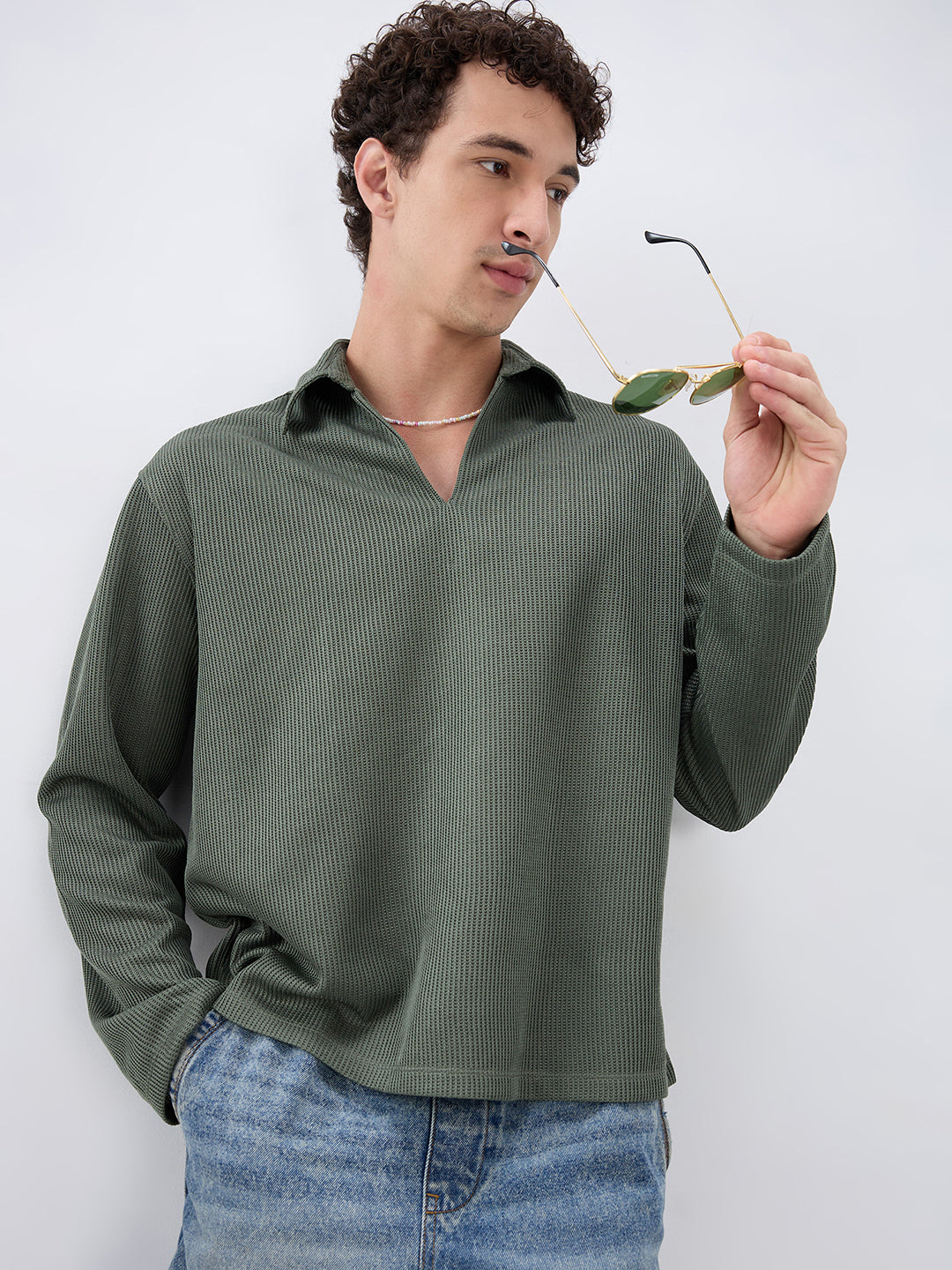 Refined Olive Textured Knitted  Oversized Polo Shirt