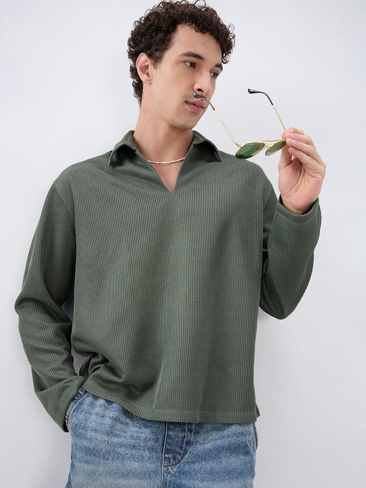 Refined Olive Textured Knitted  Oversized Polo Shirt