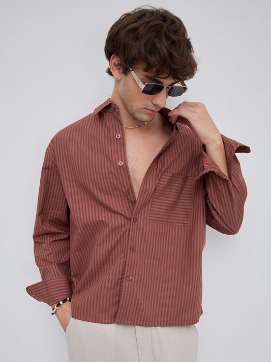 Plush Russet Brown Shadow Striped Boxy Fit Crop Shirt