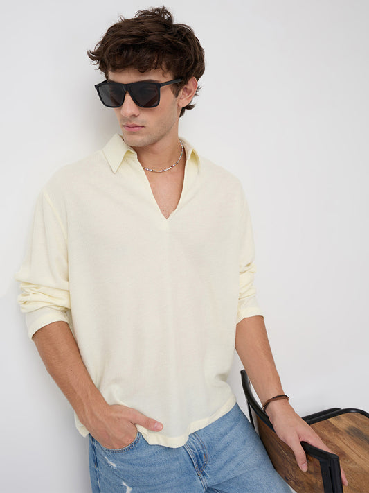 Butter Yellow Micro Weave Knitted Oversized Polo Shirt