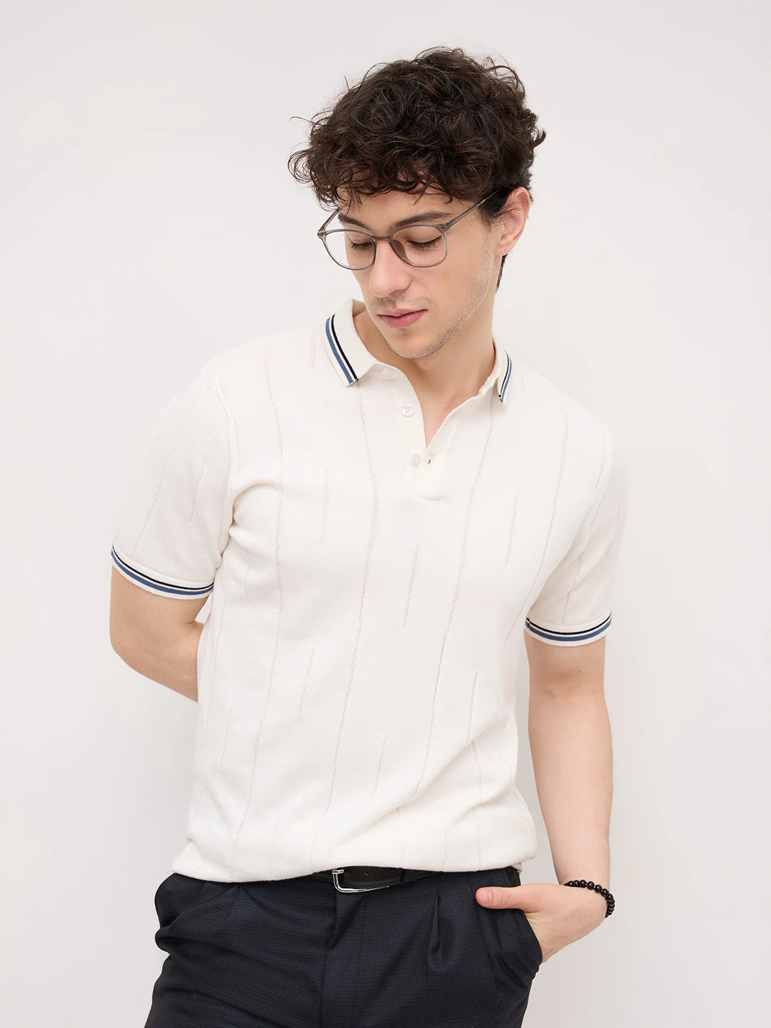 White Ribline Contrast Polo Flat Knit T-Shirt