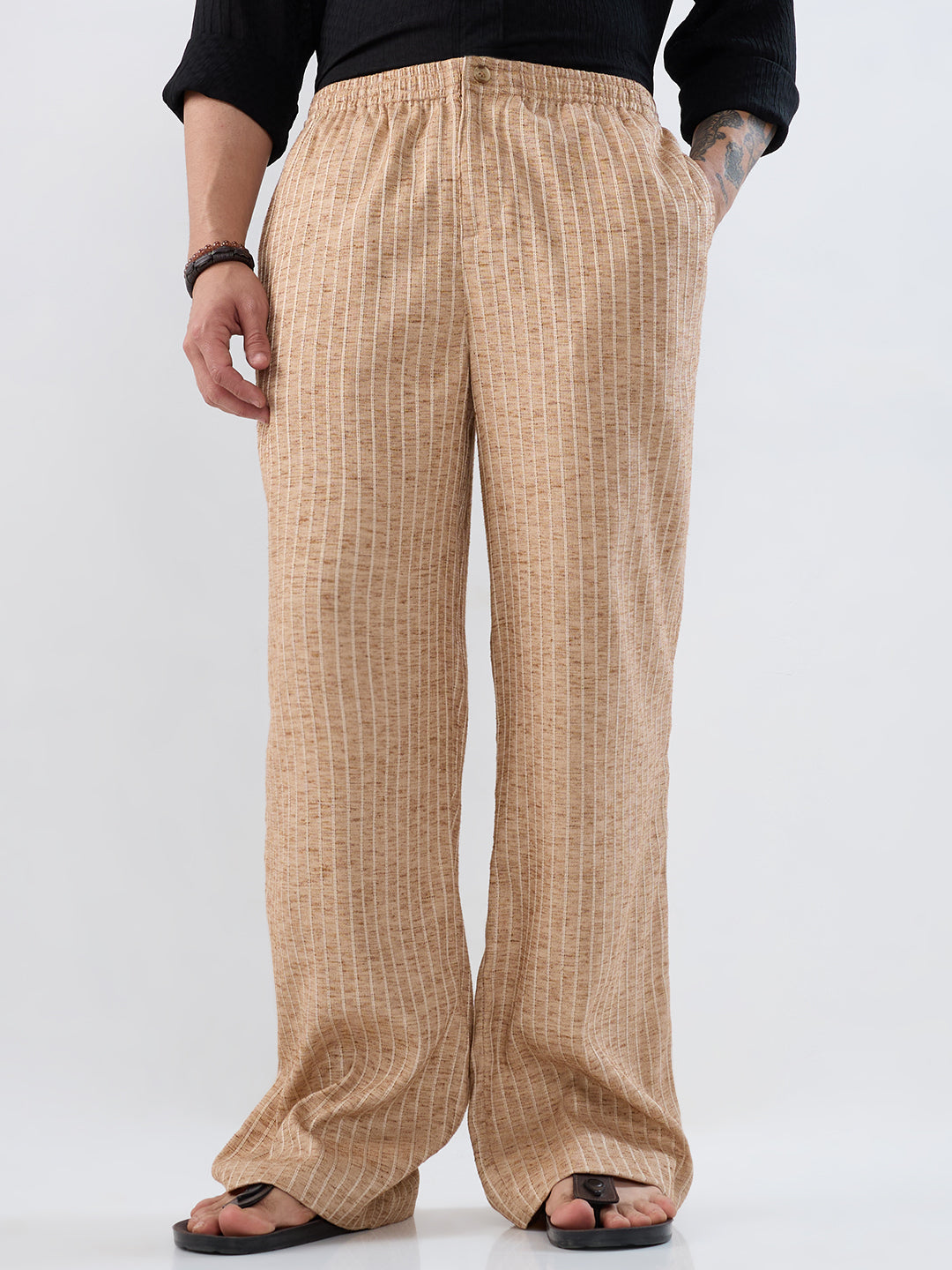 Beige Pinstripe Wide-Leg Trousers