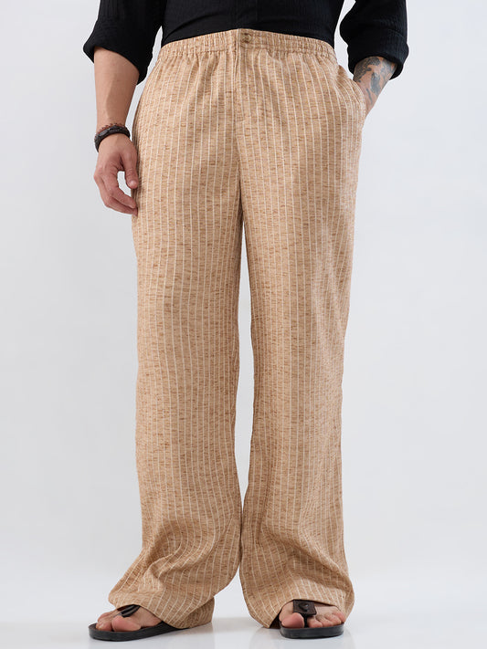 Beige Pinstripe Wide-Leg Trousers