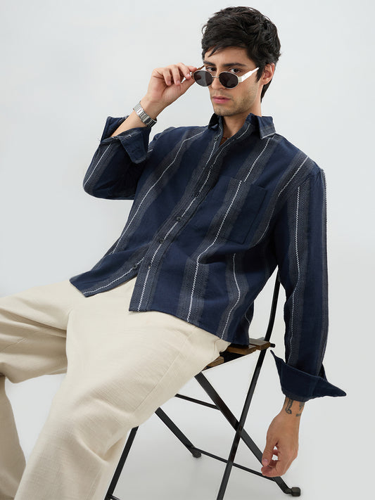 Navy Contrast Panel Fine Weave Boxy Fit Crop Shirt