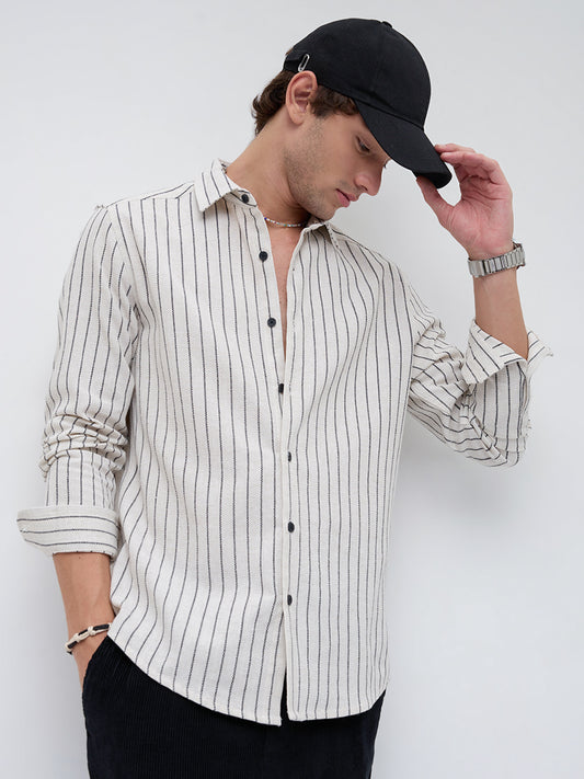 Black & Ivory Saddle Weave Contrast Stripe Shirt