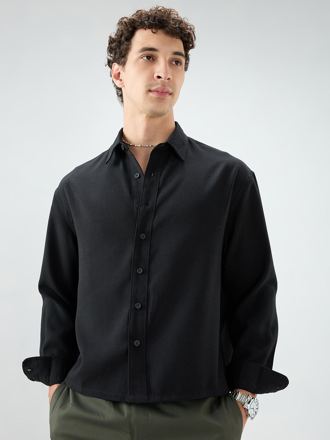 Pure Black Smooth Weave Boxy Fit Crop Shirt