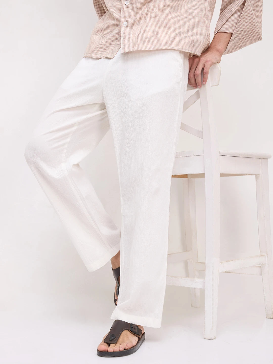 White Breezy Textured Straight Fit Trousers