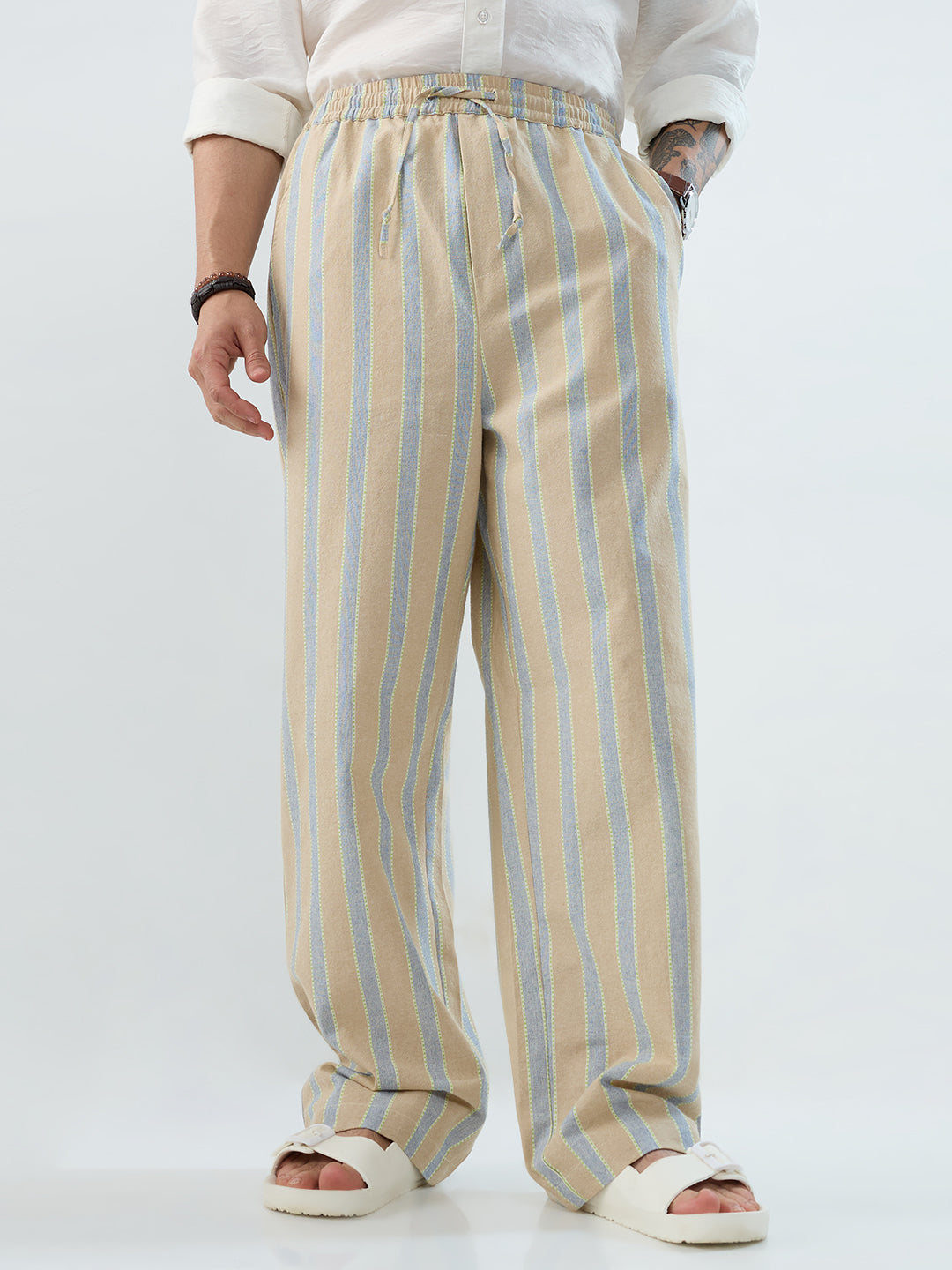 Camel Beige & Navy Striped Straight-Fit Trousers