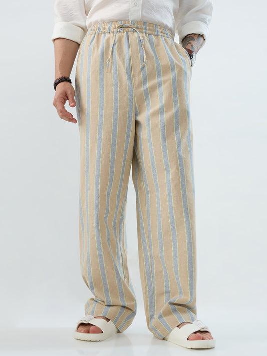 Camel Beige & Navy Striped Straight-Fit Trousers