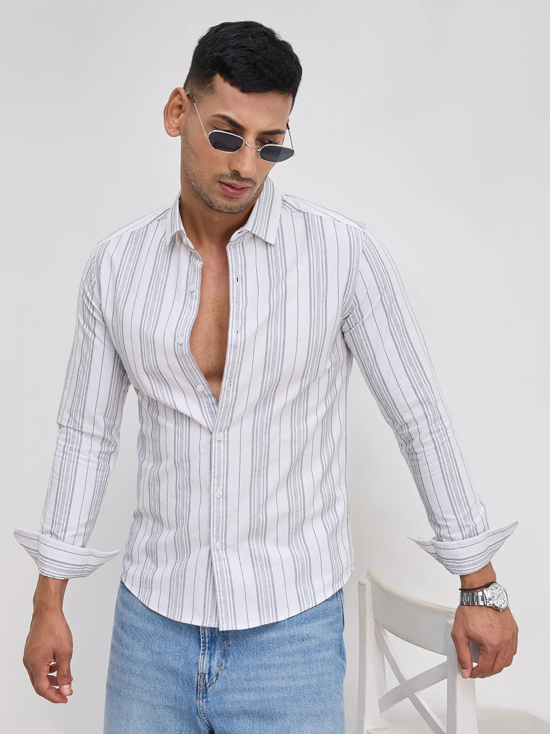 Monochrome Fine Threadwork Striped Shirt