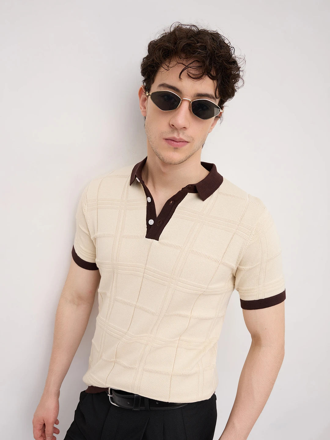 Ivory Windowpane Textured Contrast Polo Flat Knit T-Shirt