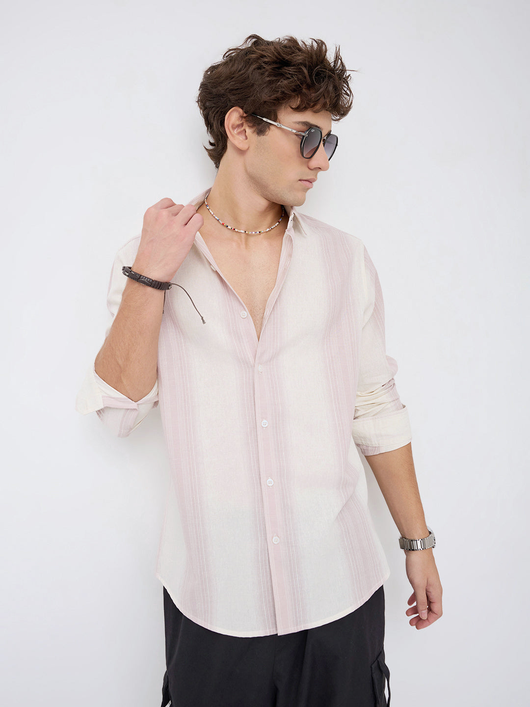 Luxe Misty Pink Refined Striped Linen Blend Shirt