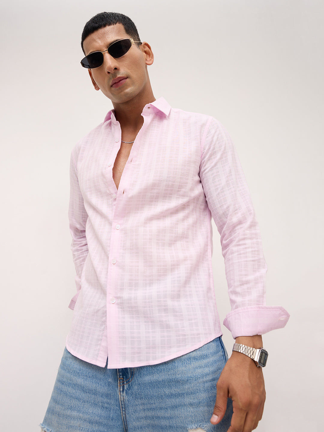 Soft Blush Pink Sheer Windowpane Checks Textured  Weave Shirt