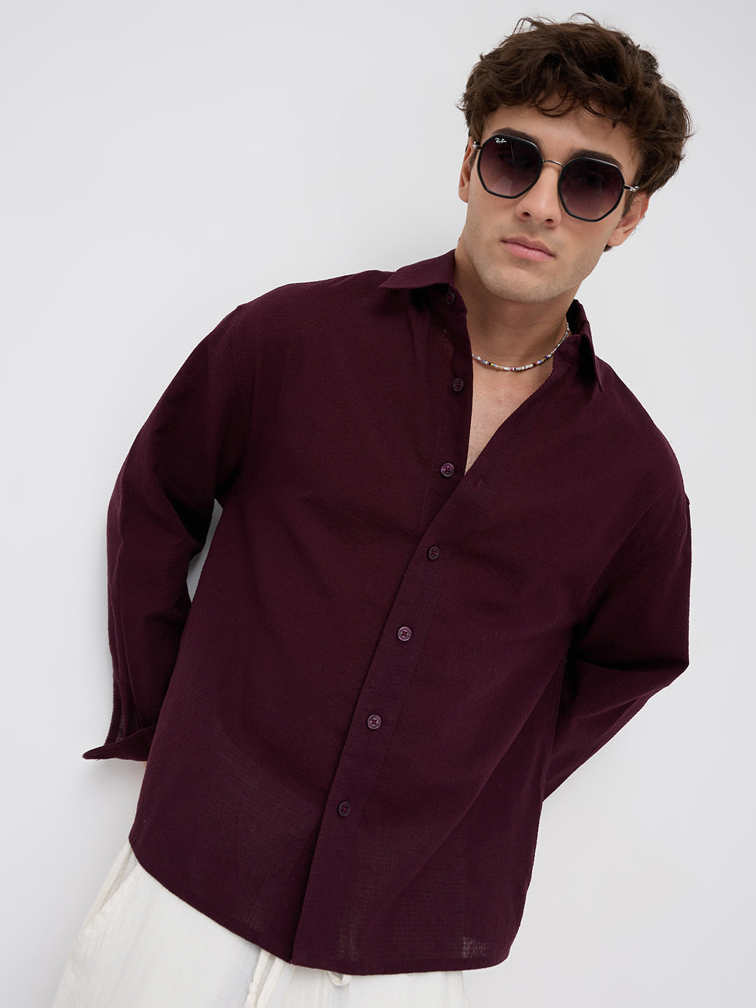 Wine Micro Jacquard Weave Boxy Fit Crop Shirt