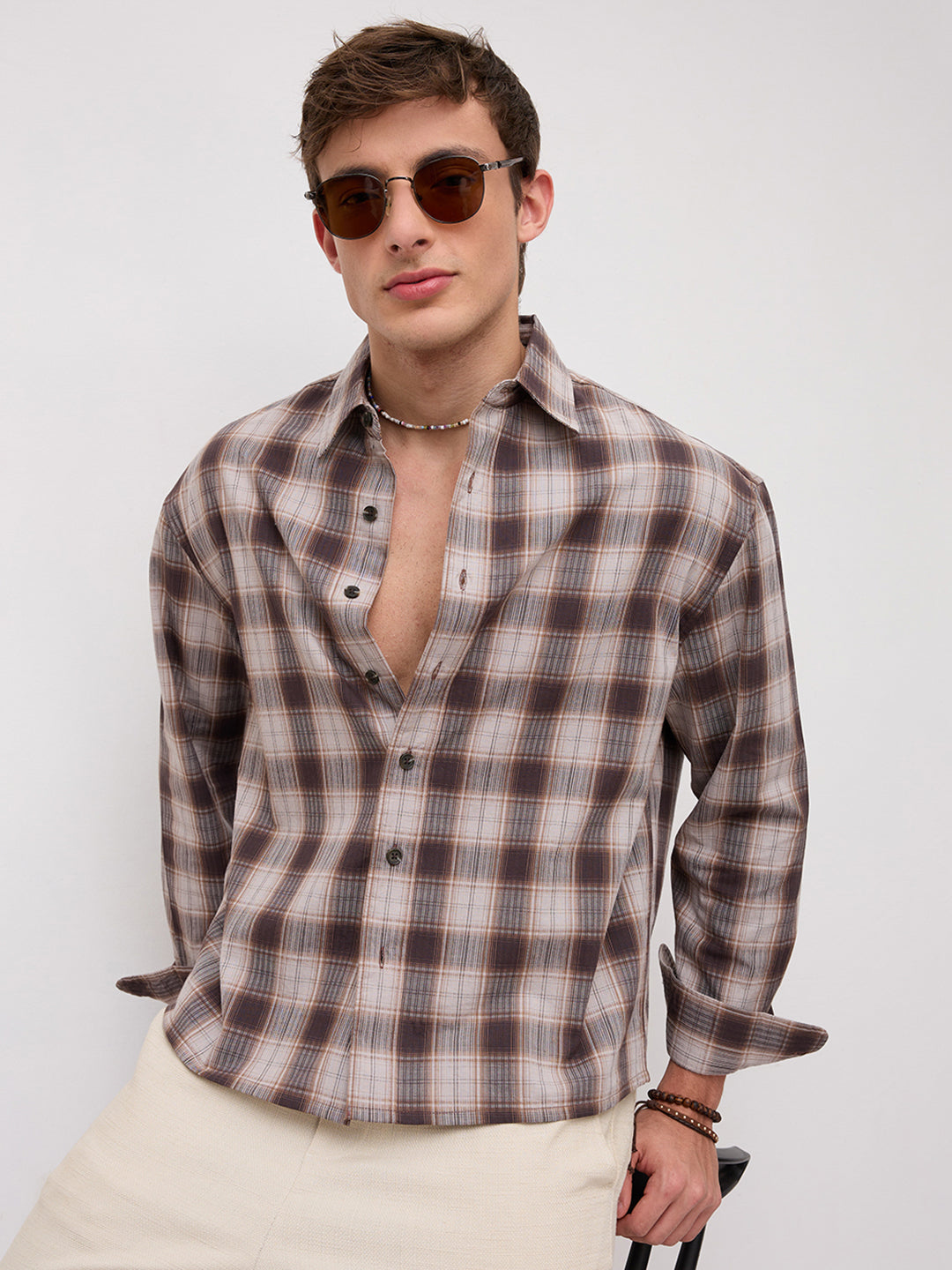 Coffee Haze Plaid Checks Boxy Fit Crop Shirt