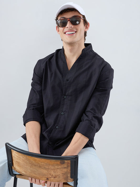 Black Panel Textured Stand Collar Oversized Shirt