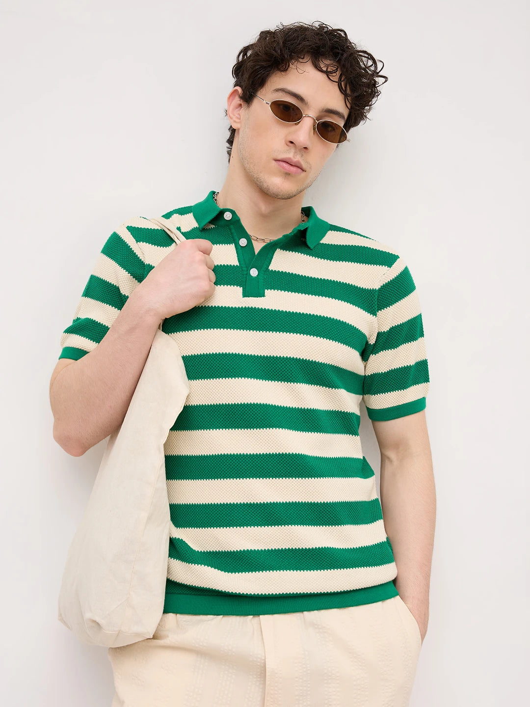 Emerald Green Coast Striped Flat Knit Polo T-Shirt