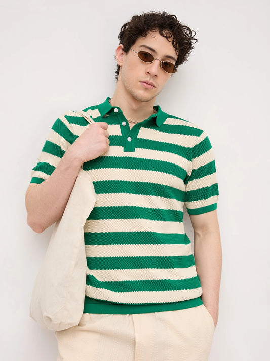 Emerald Green Coast Striped Flat Knit Polo T-Shirt