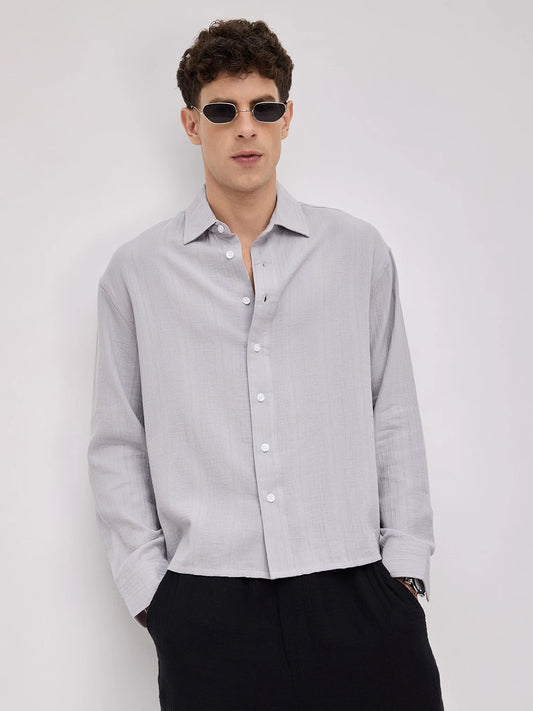 Frost Grey Double Cloth Seersucker Striped Boxy Fit Crop Shirt