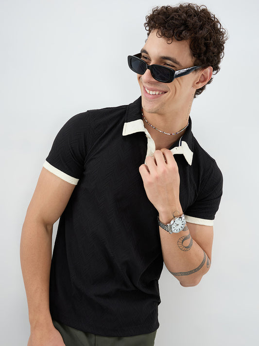 Rich Black Chevron Contrast Polo Neck T-shirt