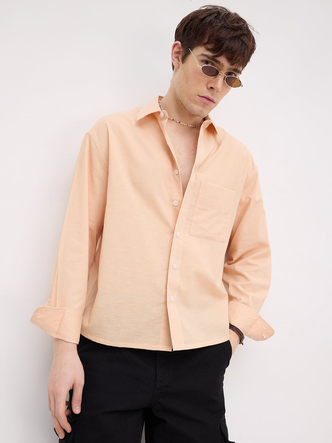 Soft Blush Peach Fine Textured Boxy Fit Crop Shirt