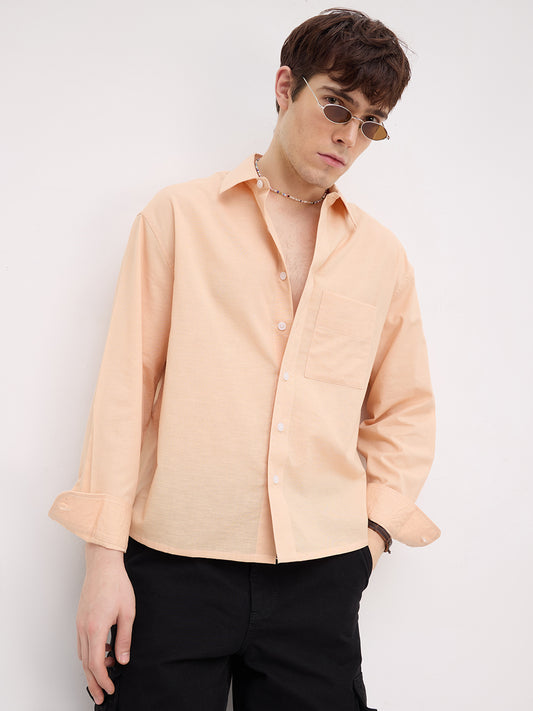 Soft Blush Peach Fine Textured Boxy Fit Crop Shirt