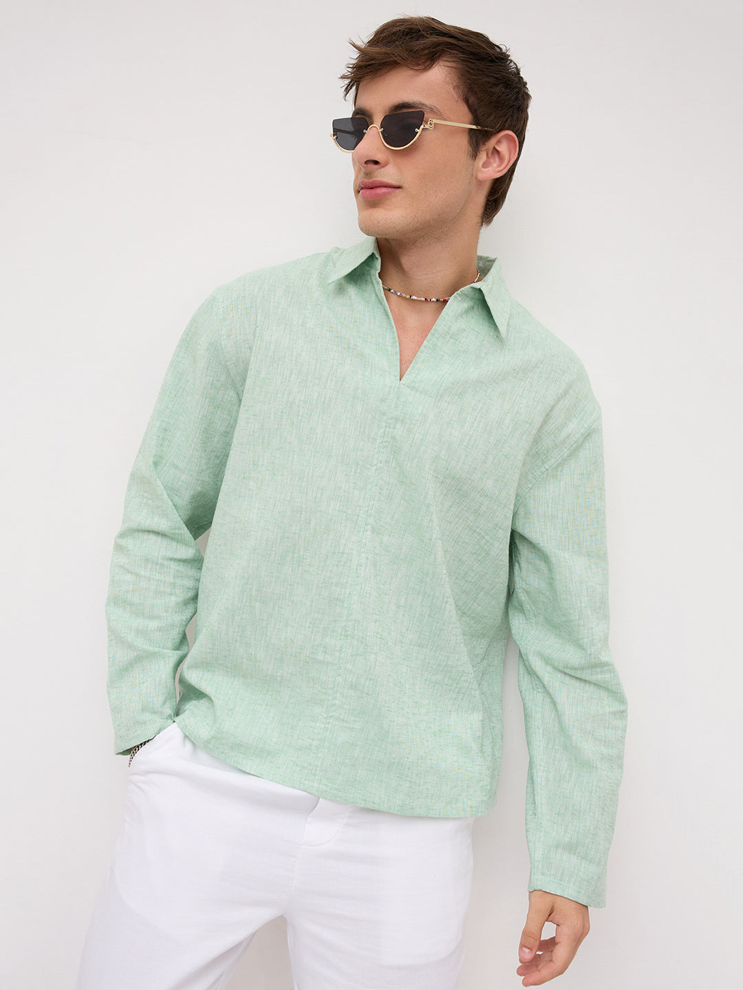 Seafoam Green Melange Textured Center Seam Oversized Polo Shirt