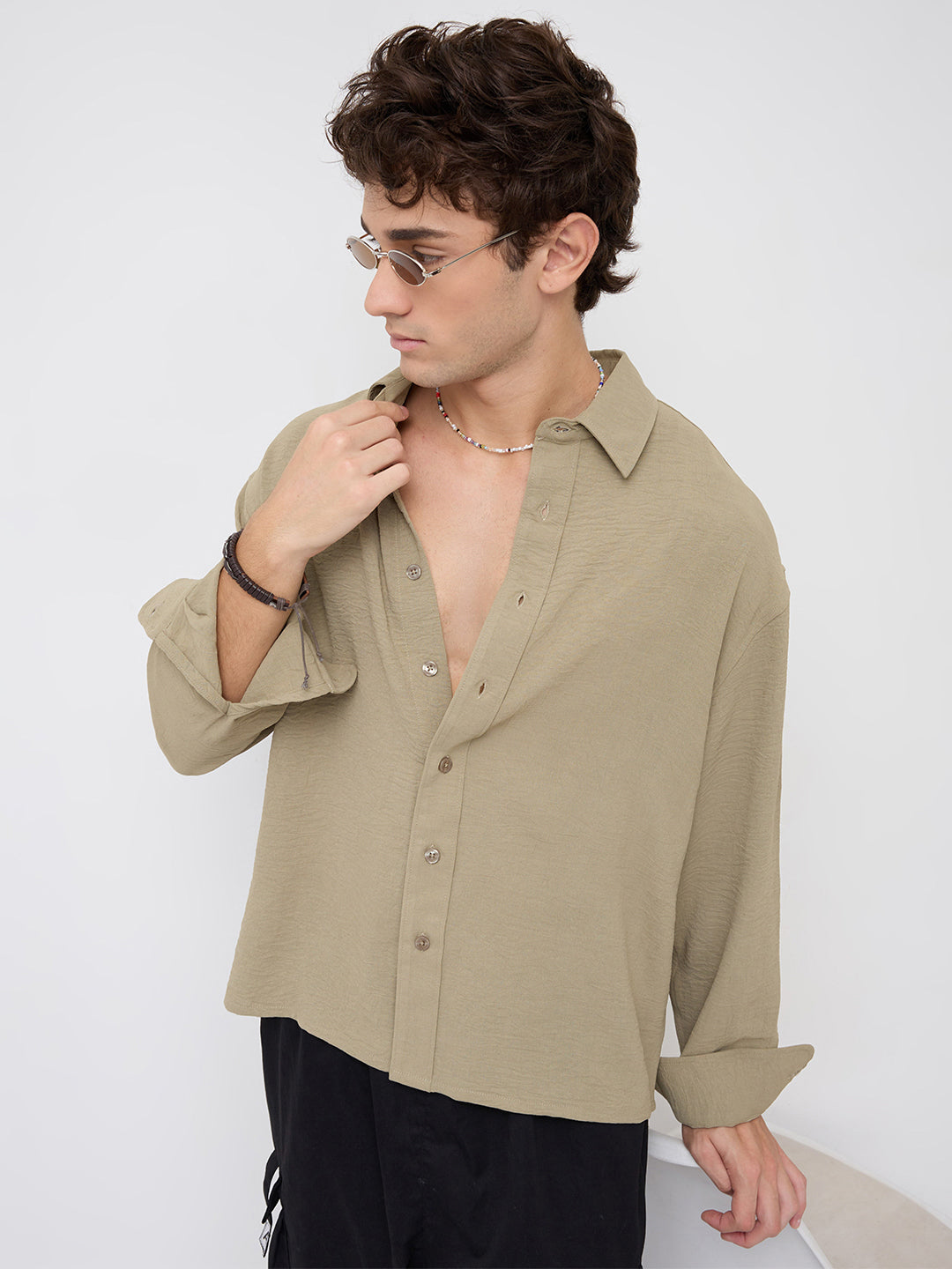 Plush Olive Lightweight Crinkled Boxy Fit Crop Shirt