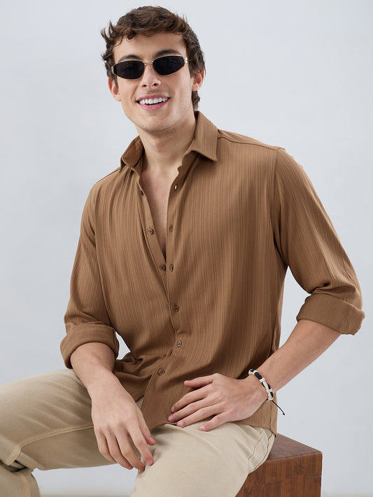 Copper Brown Fine Vertical Ribbed Knitted Shirt