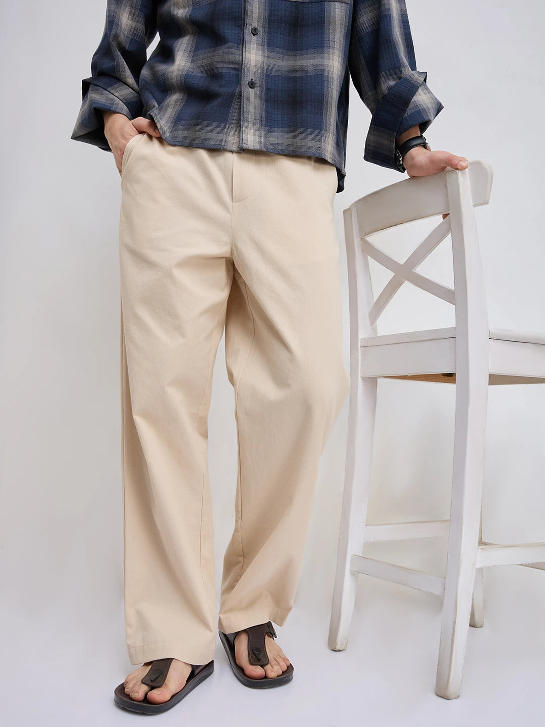 Solid Beige Cord Straight Fit Trousers